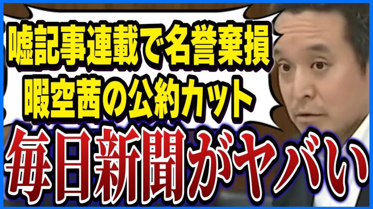 【浜田聡】毎日新聞終了のお知らせ。暇空茜の公約カットを浜田議員がYouTubeで拡散。嘘記事でも名誉棄損で敗訴。