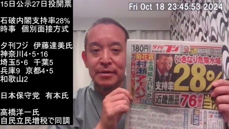 石破内閣支持率28％で危険水域、衆院選の情勢分析by 伊藤達美さん、等　夕刊フジ記事紹介、等